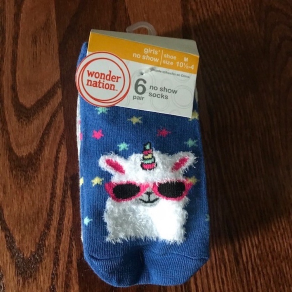 GIRL'S 6 PAIRS WONDER NATION NO SHOW SOCKS LLAMA SHOE SIZE M 10 1/2 - 4 NIP NEW